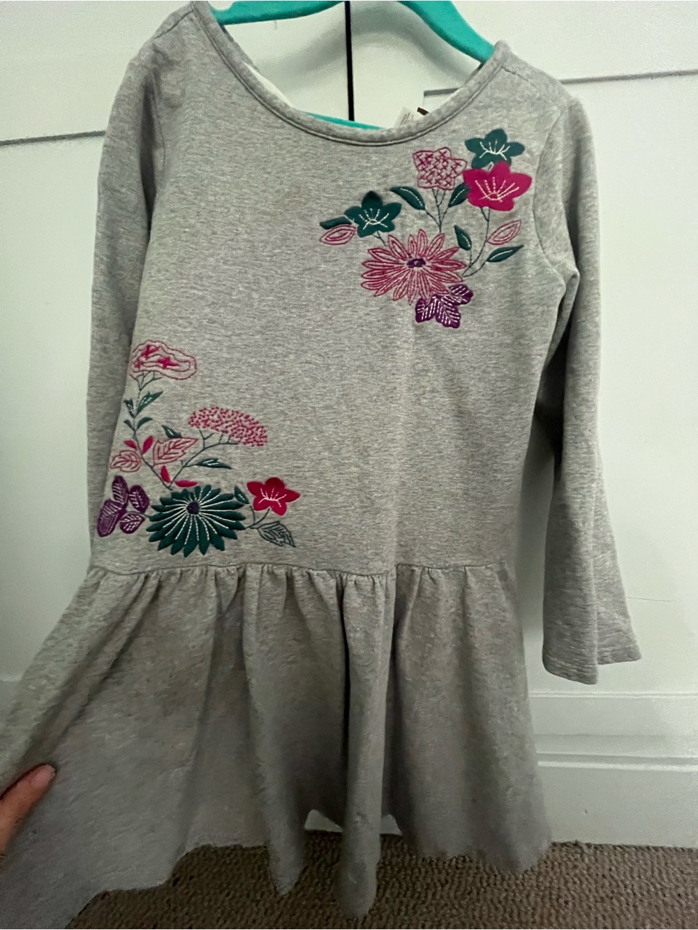 Tea Collection Gray Floral Long Sleeve Dress with Pink and Teal Embroidery